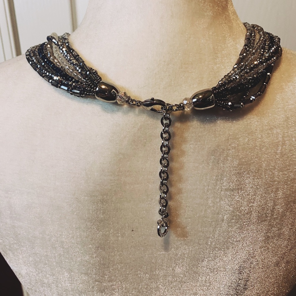 Multi-Chain Crystal Necklace In Greys And Silver Tones View 3